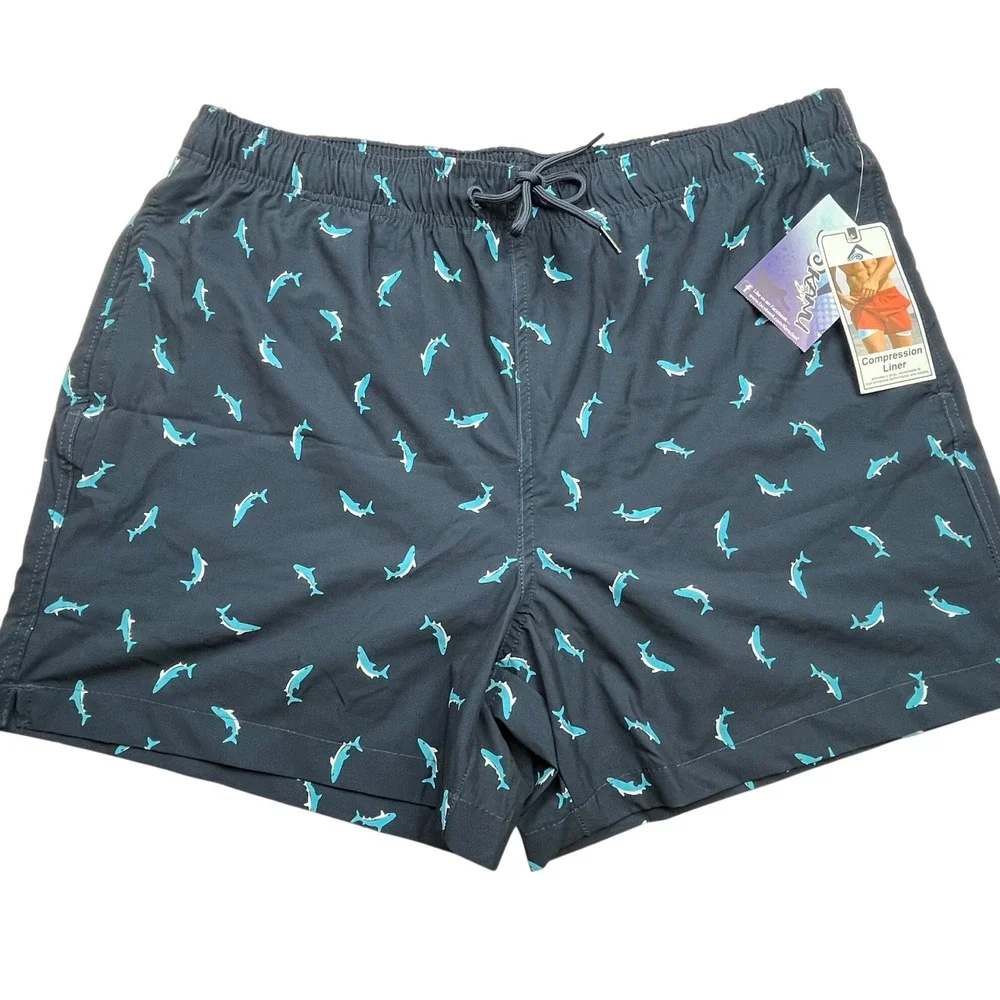 Kanu Surf Mens Shark Print Swim Trunks Navy Blue Compression Liner XL New